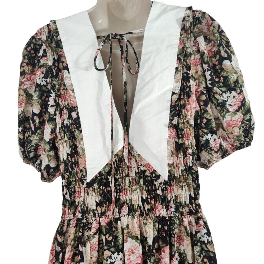En Saison Dark Floral Collar Smocked Dress Cottage Size M Short Sleeve Prairie - Picture 6 of 9